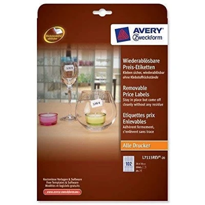 Abbildung von Avery L7115REV 20 Rechteckige Preis Etiketten ablösbar Papier 26 x 16 mm 2040 Stück Weiß