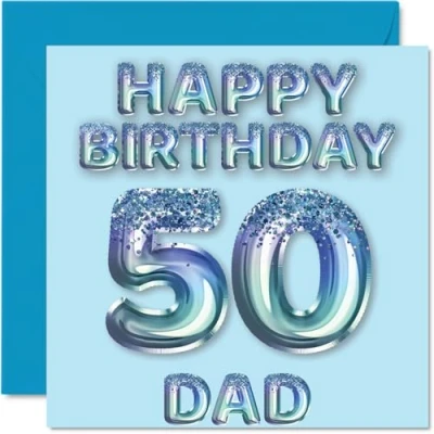 Abbildung von Geburtstagskarte zum 50. Geburtstag für Vater, blaue Glitzer Partyballons, Happy Birthday Karten 50 Jahre alten Vater vom Sohn, Tochter, 145 mm x mm, Geburtstagsgrußkarten, Geschenk