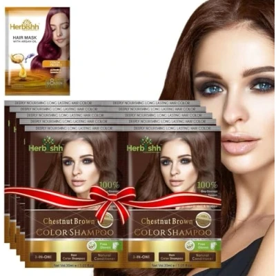 Abbildung von Herbishh Haarfärbe Shampoo mit Argan Haarmaske, Reisegröße, Farben in Minuten, lang anhaltende Farbe, 10 Stück + 1 Packung, ohne Ammoniak (Chestnut Brown)
