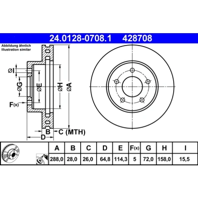 Abbildung von ATE 24.0128 0708.1 Bremsscheibe 288,0 28,0 5 114,3 Belüftet beschichtet hochgekohlt JEEP: Cherokee III
