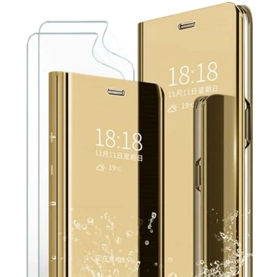 Abbildung von MLOTECH Schutzhülle für Samsung S20 Ultra, + Displayschutzfolie [2 Stück] Flip Clear View Transparent Spiegel Standing 360 Stoßfest Smart Cover Bumper Golden
