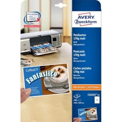 Abbildung von AVERY Zweckform C32252 25 Postkarten (blanko, beidseitig bedruckbar, matt weiß, extra feine Mikroperforation, Blatt) zum Selbstbedrucken auf allen Druckern