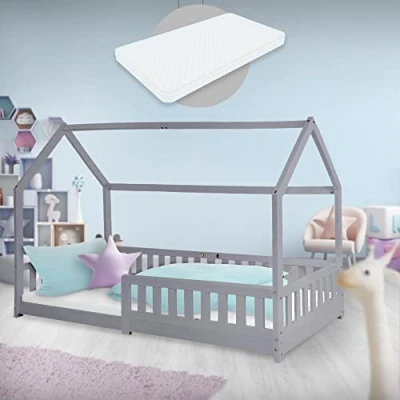 Abbildung von ML DESIGN Kinderbett Hausbett mit Rausfallschutz, Dach und Lattenrost Massivholz, Bett 200x90cm Hellgrau Matratze 16cm Mädchen Jungen Holzbett