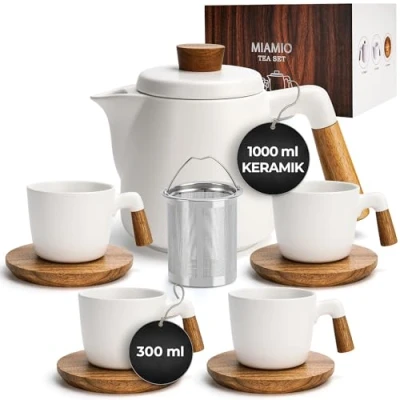 Abbildung von MiaMio Teeservice 1 Liter Keramik Teekannen Set mit Siebeinsatz und 4 Tassen (5 tlg),