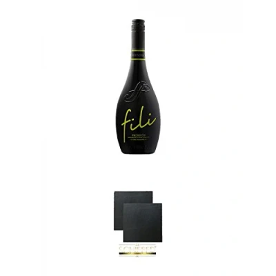 Abbildung von Sacchetto Fili Prosecco DOC Vino Frizzante 0,75 Liter + Schiefer Glasuntersetzer eckig ca. 9,5 cm Ø 2 Stück