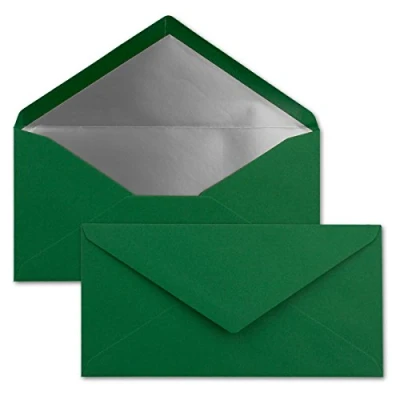 Abbildung von 25 Brief Umschläge DIN Lang Dunkel Grün mit Silber Metallic Innen Futter 110 x 220 mm Nassklebung festliche Kuverts für Weihnachten