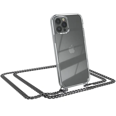Abbildung von EAZY CASE Handykette kompatibel mit iPhone 12/12 Pro Handyhülle Metal Umhängeband und Ersatz Kordel schwarz, Handykordel Schutzhülle, Stylische Kette, Anthrazit