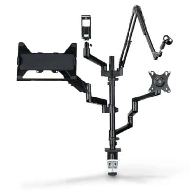 Abbildung von Hama Monitor Halterung für Streaming Setup, schwenkbar, neigbar, justierbar Halterung, (bis 32 Zoll, 4 Arme, Mikrofonarm, Tischstativ, 2 Monitore)