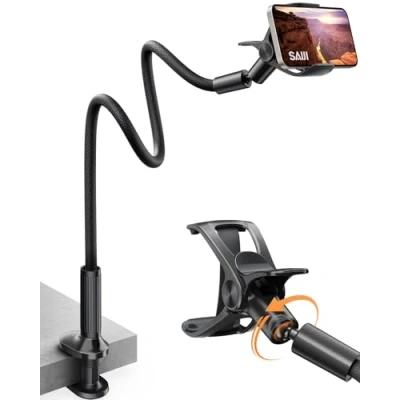 Abbildung von SAIJI Handy Halter für Bett, Schwanenhals Halterung, 360 Drehbare Leder Superlanger Flexible Arm Mobile Halterung