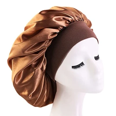 Abbildung von 1 Stück Silk Bonnet,Seidenhaube Schlafhaube,Satin Haarhaube Bonnet,Schlafmütze Nachtmütze Haube Schlafen Atmungsaktive Kopfbedeckung für lockiges Haar Schlafmütze Seide Kopfhaube Golden