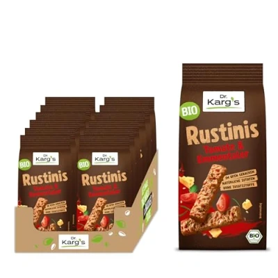 Abbildung von Dr. Karg’s BIO Rustinis Vollkorn Knabberei Tomate &amp; Emmentaler knusprig, vegetarisch, Knuspergebäck, fruchtigen Tomaten würzigem Emmentaler, ofengebacken, ohne Zusatzstoffe, 12x125g