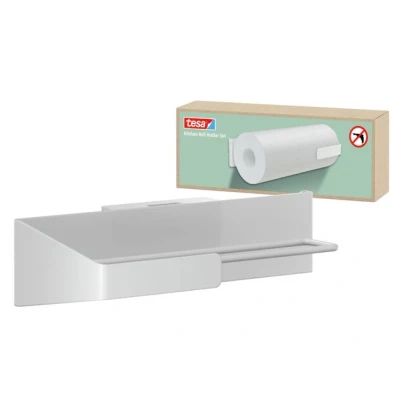 Abbildung von tesa Küchenzubehör Küchenrollenhalter selbstklebender Papierrollenhalter für mehr Ordnung in der Küche horizontale oder vertikale Montage mit Adapter, Wandmontage ohne Bohren Weiß