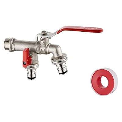 Abbildung von Ibergrif M22203, Garten Wasserhahn, Doppel Auslaufhahn 1/2 zoll mit 2 x Schlauchanschlüsse, 1x Rollendichtband, kugelhahn aus Messing