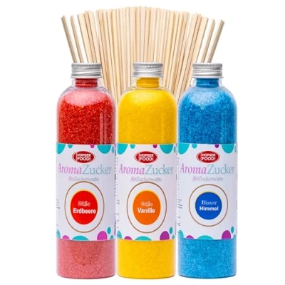 Abbildung von Hopser Food Fun Zucker für Zuckerwatte (Set 1 Erdbeer, Vanille, Kaugummi + 50 Stäbe, 3x230 Gramm / Stäbe)