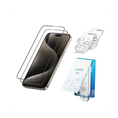 Abbildung von Anker HD Display und Linsenschutz für iPhone 15 ProMax (2er Pack), 17cm ultra dünn, robust, transparentes gehärtetes Glas, schnell einfach anzubringen, kratz stoßfest, 12 Monate Garantie