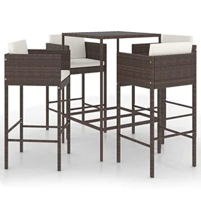 Abbildung von vidaXL Gartenbar Set 5 TLG. mit Kissen Theke Bar Tresen Gartentheke Bartisch Stehtisch Barhocker Barstuhl Gartenmöbel Poly Rattan Braun