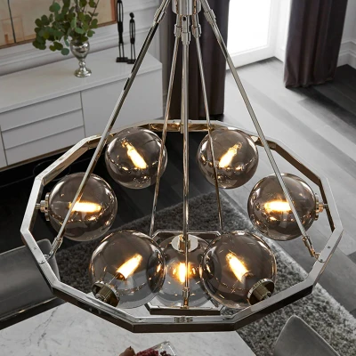 Abbildung von Elstead Lighting QN HARPER7 QUINTIESSE Kronleuchter Harper E14 7x40W Stahl, Nickel poliert; Rauchglas plattiert H:90.8cm Ø81.3cm dimmbar
