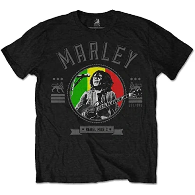 Abbildung von Bob Marley Rebel Music Seal T Shirt für Herren, Schwarz (Black Black), Größe M