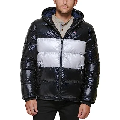 Abbildung von Tommy Hilfiger Herren Hooded Puffer Jacket (Standard and Big &amp; Tall) Daunenalternativer Mantel, Schwarz/Weiß, Perlglanz, XL