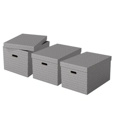 Abbildung von Esselte 3er Set große Aufbewahrungs &amp; Geschenkboxen mit Deckel, Schachteln für Wohnung/Büro Organisationszwecke, 100% recycelter Karton, recycelbar, geometrische Designs, Grau, 628287