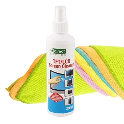 Abbildung von D.RECT 250ml Bildschirmreiniger Putzlappen Staubtücher + 5 Stück Mikrofasertuch 40x40cm Bildschirm Reinigungsspray Displayreiniger für LED, UHD TV, Display, Tablet, Computer und Monitor