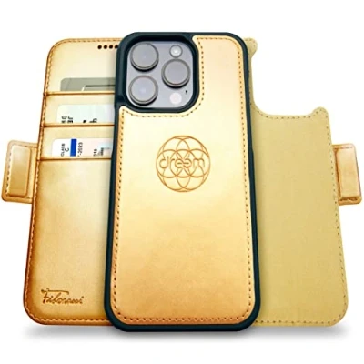 Abbildung von Dreem Fibonacci iPhone 14 Pro Geldbörsen Hülle / 2 in 1 Stoßfestes MagSafe Case und abnehmbares Luxus Vegan Leder Folio mit RFID Kartenschutz Ständer; für Frauen Männer Gold