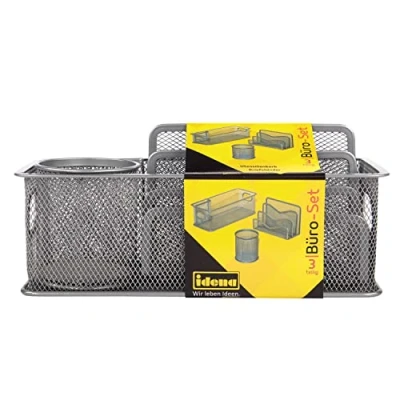 Abbildung von Idena 354018 Büro Set (3 teilig, aus Metall/Drahtgitter, enthält: 1 Utensilienbox, Köcher, Briefständer) silber