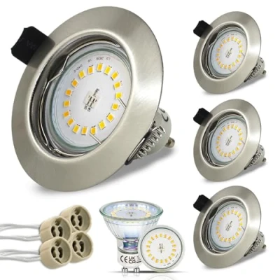 Abbildung von HiBay 4er Set LED Spot Einbaustrahler 230V GU10 5W 68mm Einbauspots Rund Einbauleuchten Edelstahl gebürstet Neutralweiß für Wohnzimmer Schlafzimmer Küche