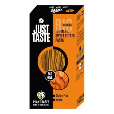 Abbildung von JUST TASTE Bio Süßkartoffel Glas Spaghetti/Capellini High Carb 84g Kohlenhydrate wenig Zucker Nudeln ideal für Sportler, 250g (6er Pack)