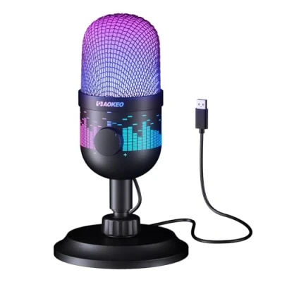 Abbildung von aokeo Gaming Mikrofon, USB Computer Mikrofon für PC, Mac, PS4/5, Kondensator Podcast Mic Studioaufnahmen, Streaming YouTube, mit LED Licht