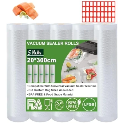 Abbildung von Omtofo Vakuumierbeutel 5 Rollen Vakuumierfolie, 20 x 300cm/Rolle Vakuumbeutel Lebensmittel, BPA frei, reißfest, 150µm, Vakumierfolienrolle für alle Vakuumierer, Mikrowellen and Sous Vide