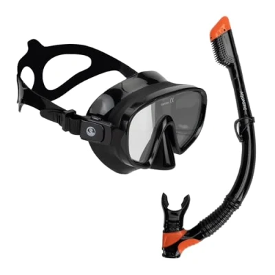 Abbildung von AQUASTIC Cove 2 in 1 Schnorchelmaske und Schnorchel Set Farbe Schwarz Maske mit gehärtetem Glas Silikon Hypoallergen Schürze Mundstück für Meer Urlaub Wasserdicht Komfort