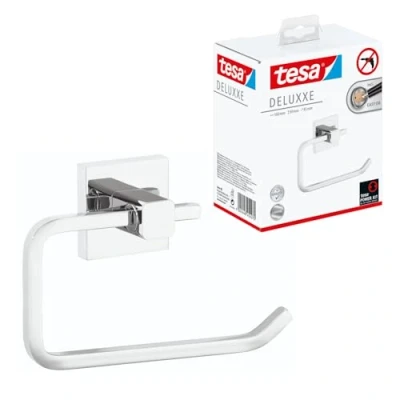 Abbildung von tesa Toilettenpapierhalter DELUXXE WC Rollenhalter ohne Bohren 10,1 cm : 16,0 4,5 (Packung, 1 St., inkl. Klebelösung), selbstklebender chrom silber glänzend