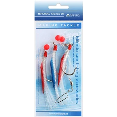 Abbildung von Mikado Hair Tube Rig 6/0 weiß rot Blau, Paternoster für Dorsch, Pollack und Seelachs, DREI Haken 6/0, mit u. blau weißen Schlauch