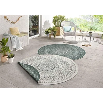 Abbildung von Northrugs Porto in und Outdoor Teppich Rund Runder Wendeteppich Wasserfest Mandala Design Flachgewebe Wetterfest für Balkon, Terrasse, Garten, Wohnzimmer Grün Creme, ⌀140cm