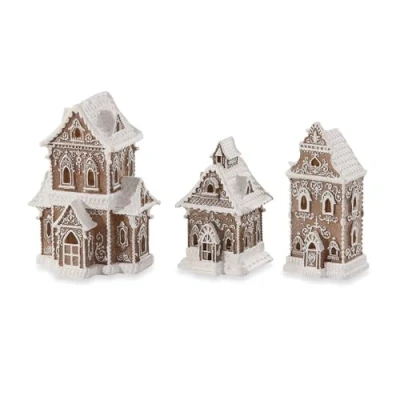 Abbildung von Loberon Dekohaus 3er Set Anyama, aufwendige Handarbeit, mit LED Beleuchtung, festliches Wohnaccessoire, Weihnachtsdekoration, Weihnachten, Polyresin, braun/weiß