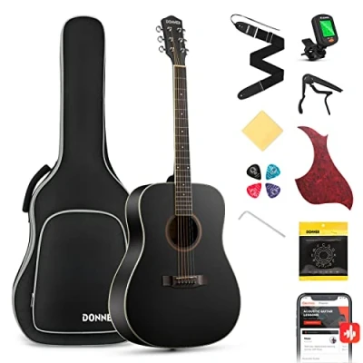 Abbildung von Donner Guitar Acoustic Beginners Full Size Adult Set 4/4 Dreadnought 41 Inch with Gig Bag Capo Plectrums Strap Strings (Black)