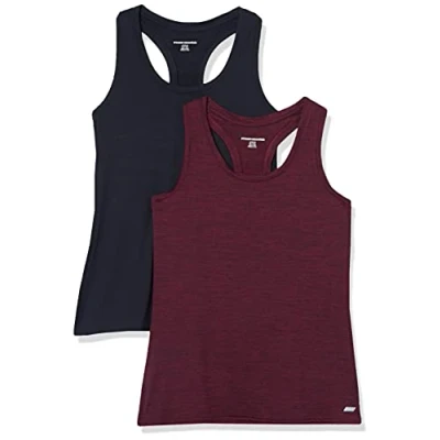 Abbildung von Amazon Essentials Damen Tech Stretch Racerback Tanktop (Erhältlich In Übergröße), 2er Pack, Burgunderrot Space dye/Schwarz, M