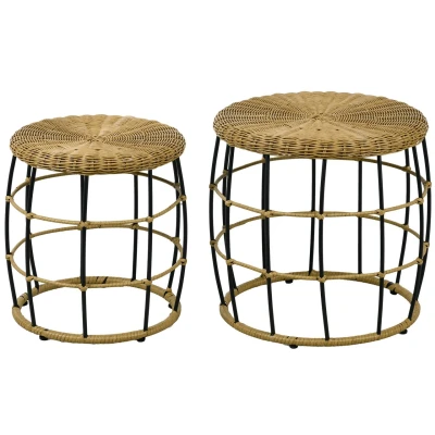 Abbildung von Outsunny Beistelltisch 2er Set Rattan Couchtisch (Sofatisch, 2 St., Kaffeetisch), für Garten, Balkon, Stahl, Khaki