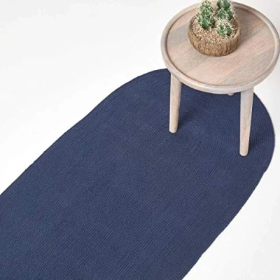 Abbildung von Homescapes ovaler Teppichläufer 66 x 200 cm, dunkelblau, geflochtener Läufer aus Baumwolle, Wendeteppich, handgewebter Retro Teppich, blau
