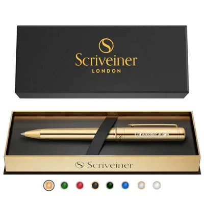 Abbildung von Scriveiner Gold Personalisierter Stift Atemberaubender Luxus Kugelschreiber Mit Finish, Schmidt Ink Refill, Beste Gravierte Geschenk Set, Individuelle Namensgravur