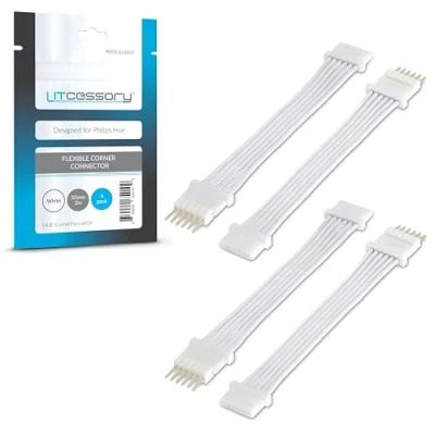 Abbildung von Litcessory Flexibler Eckverbinder/Verlängerungskabel für Philips Hue Lightstrip Plus (50mm, 4 Stück, Weiß MIKRO 6 POLIG V4)