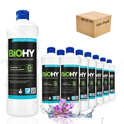 Abbildung von BiOHY Profi Fensterreiniger (12 x 1 Liter) Glasreiniger Konzentrat für Fenstersauger geeignet streifenfreie Reinigung von Glas , Fenster &amp; Spiegelflächen ideal Haushalt Auto