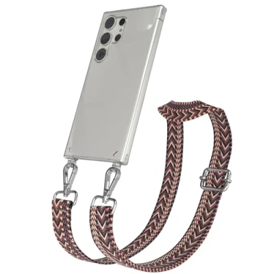 Abbildung von EAZY CASE Handykette mit verstellbarem Trageriemen kompatibel Samsung Galaxy S24 Ultra Taschengurt transparenter Handyhülle für Hülle Schulterriemen in Beere Pink Silber