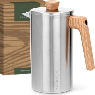 Abbildung von Waldwerk French Press Kanne Kaffeebereiter aus ​​doppelwandigem Edelstahl mit Eichenholz Holzgriff, 1l Kaffeekanne, (1L) plastikfreier Kaffeezubereiter