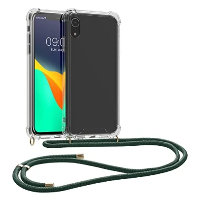 Abbildung von kwmobile Necklace Case kompatibel mit Apple iPhone XR Hülle Silikon Cover Handykette Band Handyhülle Dunkelgrün Transparent