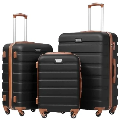 Abbildung von COOLIFE Hartschalen Koffer Trolley Rollkoffer Reisekoffer ardschale Boardcase Handgepäck mit TSA Schloss und 4 Rollen (Schwarz/Braun, Set)