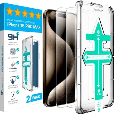 Abbildung von XeloTech Schutzglas für iPhone 15 Pro Max ohne schwarzen Rand, komplett Transparent, Schutzfolie aus hartem Premium Glas, 2 Stück, mit bewährter Schablone Installationshilfe, Panzerfolie