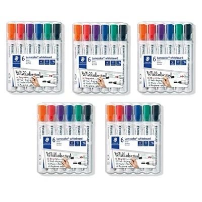 Abbildung von Staedtler Lumocolor 351 WP6 Whiteboard Marker, Rundspitze ca. 2 mm Linienbreite, Set mit 6 Farben (5 Etui)