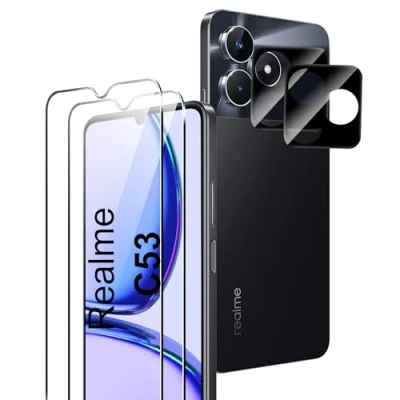 Abbildung von Rojeuinn Panzerfolie für Realme C53/C51/Note 50 Schutzfolie, [2 Stück Schutzglas und 2 Kameraschutz], 9H Härte Anti Kratzen Displayschutz, HD Displayschutzfolie